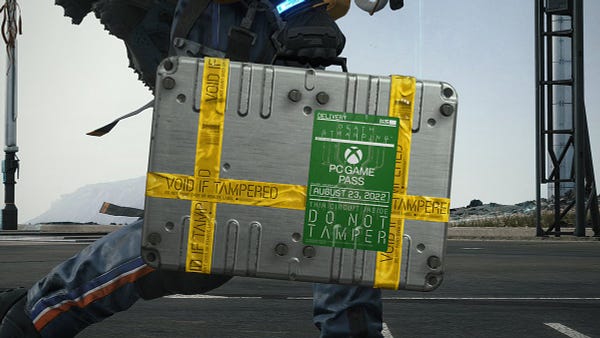 Sam Porter Bridges carrying a special case. Text reads: "DELIVERY | DEATH STRANDING | PC GAME PASS | AUGUST 23, 2022 | DO NOT TAMPER"