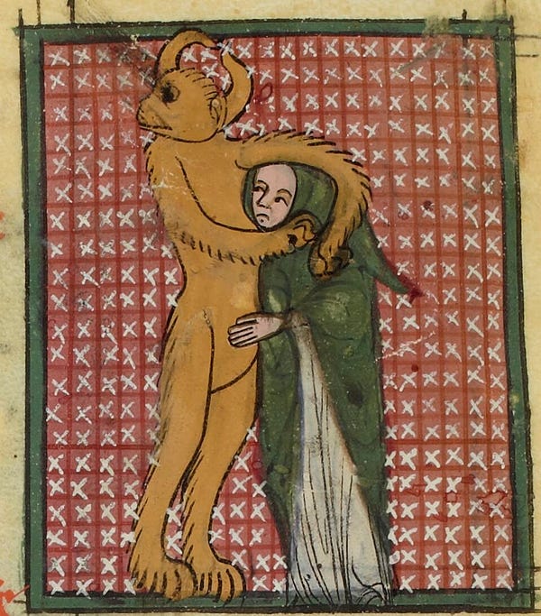 a medieval drawing of a hairy, humanoid, horned creature with its arms wrapped around the head of a woman wearing a hood and cloak