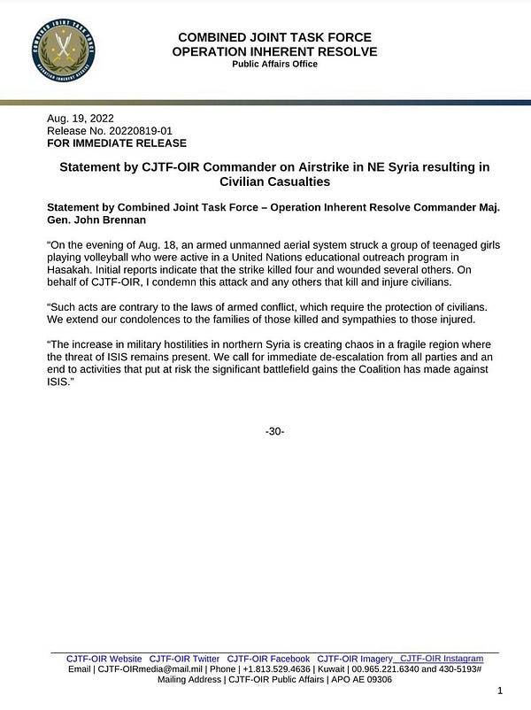 Statement from Combined Joint Task Force - Operation Inherent Resolve Commander on air strike in Northeastern Syria that resulted in civilian casualties.