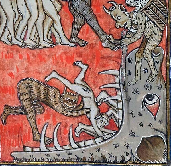 A medieval drawing of a hairy hunanoid demon throwing a naked person into a gigantic, monstrous, toothy mouth