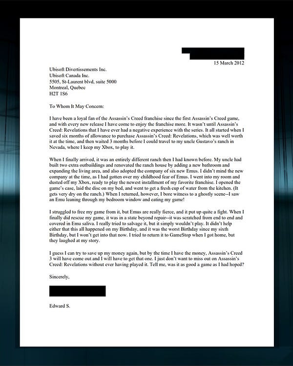 A static image showing a customer letter that was written to Ubisoft. 