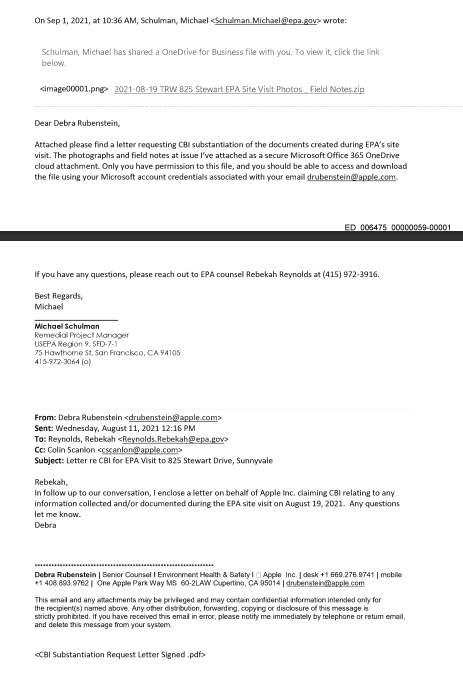 Emails between EPA & Apple. Apple claims "CBI" or "Confidential Business Information" to certain EPA site visit notes & photographs 