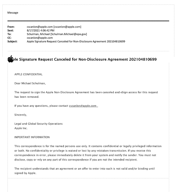 Email from Apple Global security to the US EPA saying "signature request canceled for NDA" 