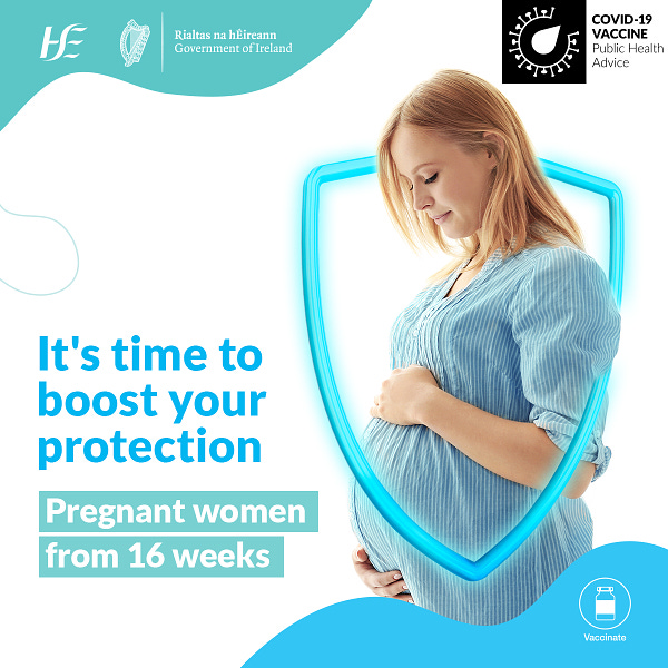A woman with pale skin and fair hair, cradling a baby bump. She is surrounded by a glowing blue shield. The caption on the image reads "it's time to boost your protection: pregnant women from 16 weeks" 