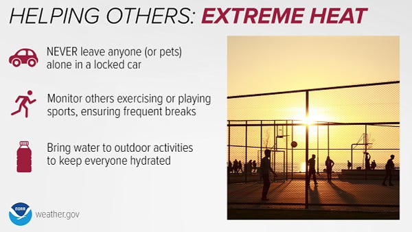 Helping Others: Extreme Heat. Never leave anyone (or pets) alone in a locked car. Monitor others exercising or playing sports, ensuring frequent breaks. Bring water to outdoor activities to keep everyone hydrated.