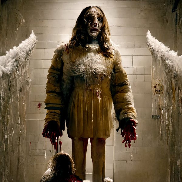 a crying woman standing with an undead-looking face. her hands appeared to be severed, gorily. she is wearing a yellow garment that is a combination between a fluffy winter parka and a short dress. she stands in front of a white tiled wall fluffy white branch-like protrusion extend towards her from the edges of the image. the protrusions are dripping with thick sheets of ice. below her severed wrist, there appears to be someone's head facing away from the viewer.