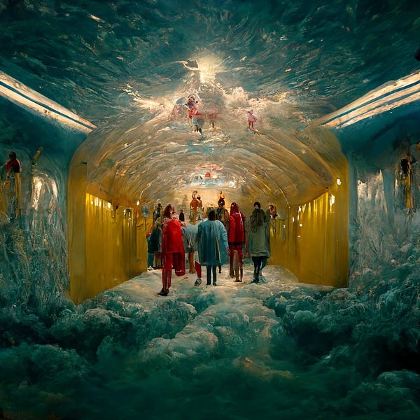 a painting of a golden tunnel surrounded by ripples of water above and detailed, puffy white clouds below. several people clad in red and white are in the tunnel.
