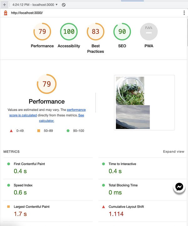A screenshot of Lighthouse score of a website with 5 images. The score shows 79 points for Performance