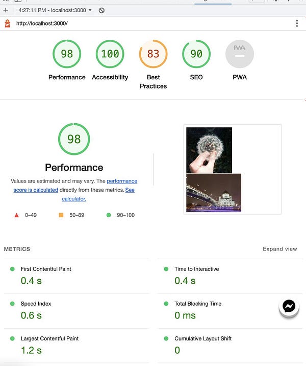A screenshot of Lighthouse score of a website with 5 images, with NgOptimizedImage directive. The score shows 98 points for Performance