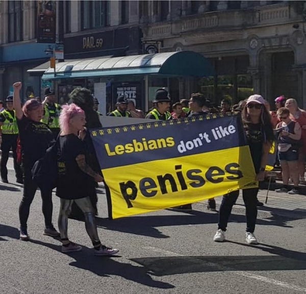 women carry a banner that says, "Lesbians don't like penises"