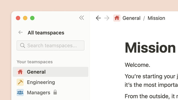 This is a close-up of the top left corner of a Notion app window, set on an orange background. The Notion sidebar is visible with a heading called "All teamspaces." Under that is a subheading "Your teamspaces" which lists three teamspaces: general, engineering, and managers.