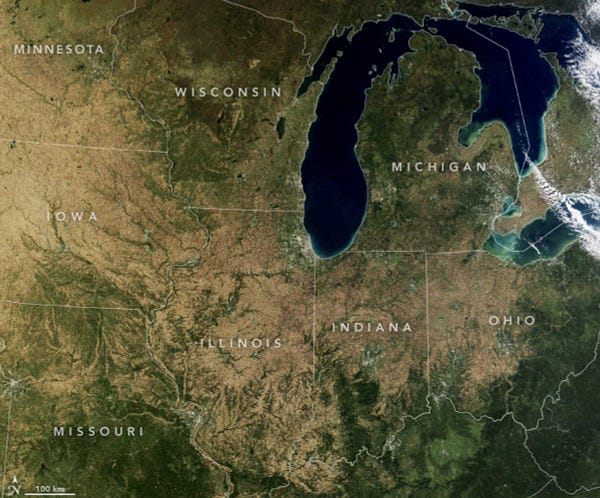 Satellite image of the midwestern states including Minnesota, Iowa, Missouri, Wisconsin, Illinois, Michigan, Indiana and Ohio (all labeled in the image). The Great Lakes are dark blue at the top of the image. The ground is mostly brown with some green and becomes mostly dark green toward the bottom of the image.