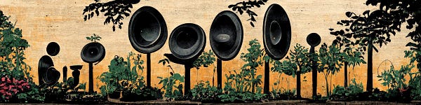 Person listening to music from differently shaped and sized speakers in a lush garden.