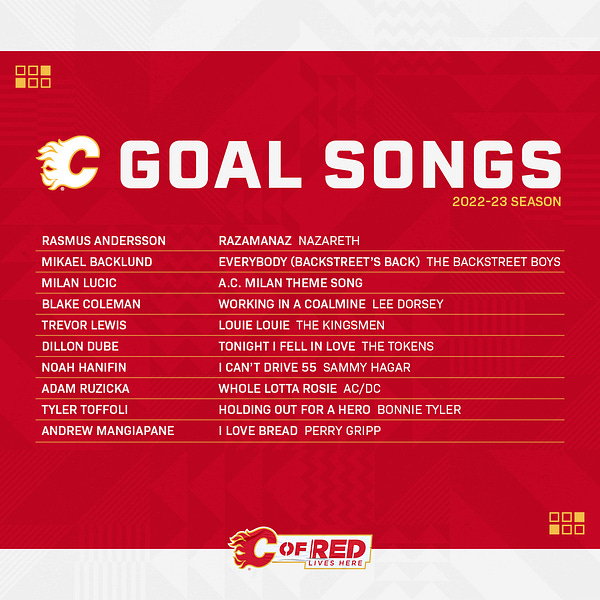Flames Goal Songs: Rasmus Andersson: Razamanaz - Nazareth, Mikael Backlund: Everybody - Backstreet Boys, Milan Lucic: A.C. Milan Theme, Blake Coleman: Working In A Coalmine - Lee Dorsey, Trevor Lewis: Louie Louie - The Kingsmen, Dillon Dube: Tonight I Fell In Love - The Token, Noah Hanifin: I Can't Drive 55 - Sammy Hagar, Adam Ruzicka: Whole Lotta Rosie - AC/DC, Tyler Toffoli: Holding Out For A Hero - Bonnie Tyler, Andrew Mangiapane - I Love Bread - Perry Gripp