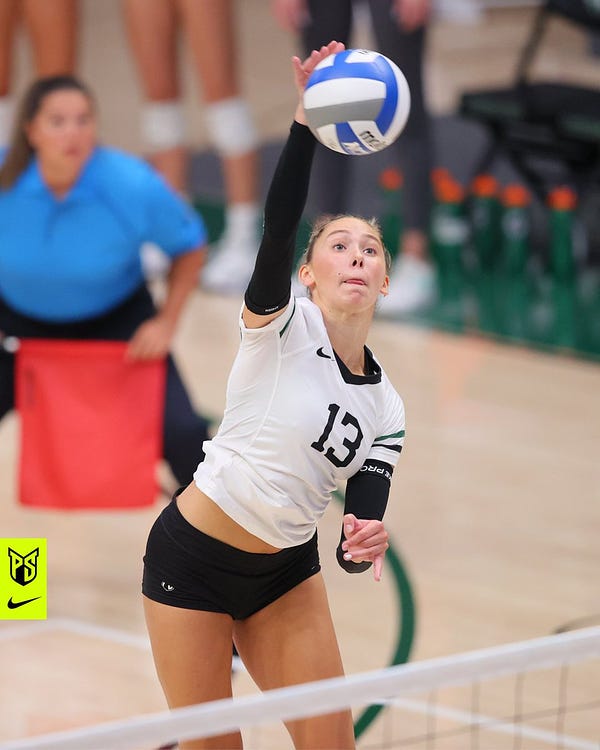 Portland State volleyball player Sophia Meyers hits a ball over the net during a match.