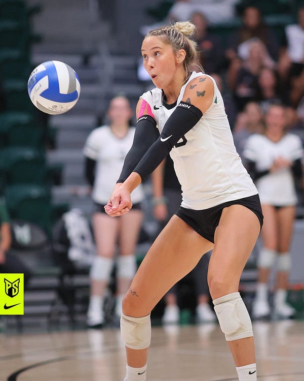 Portland State volleyball player Sophia Meyers digs a ball during a match.