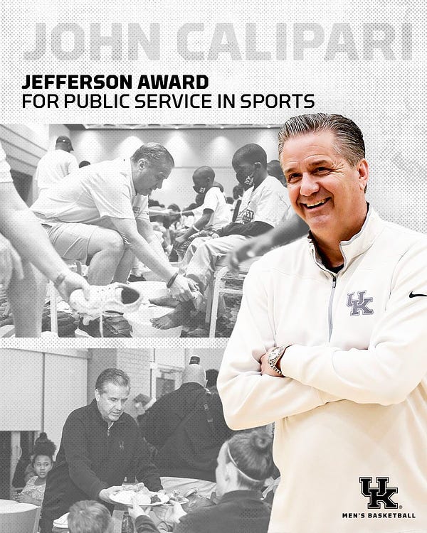 This graphic shows John Calipari participating in acts of service, such as working with Samaritan’s Feet and feeding families at the Salvation Army on Thanksgiving.