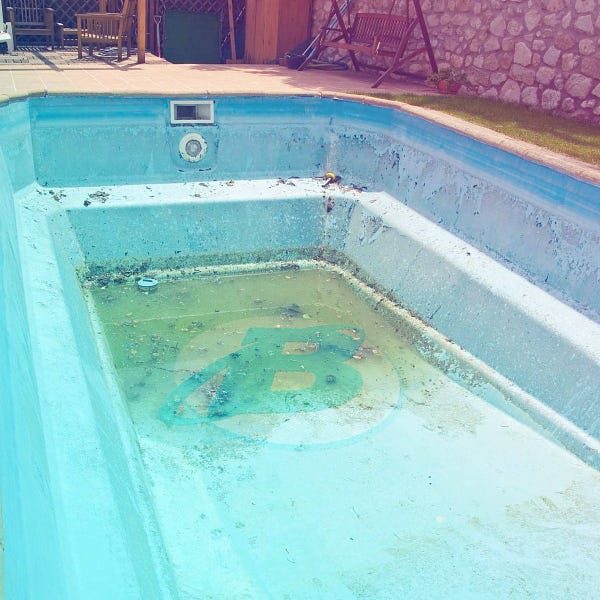 a filthy swimming pool with only a puddle of piss-stained water remaining