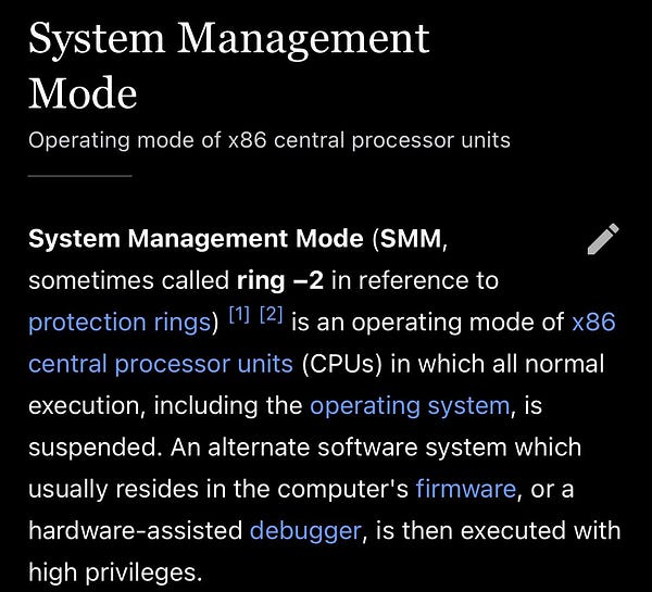 System Management Mode, “ring -2” of x86 execution