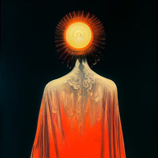AI painting of a human body with a faceless sun for a head 