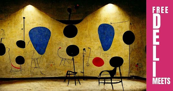 Text reads - Free Deli Meets. The image of an abstract art installation with blue and red blobs in front of a gold wall 