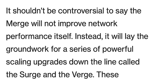 It shouldn't be controversial to say the Merge will not improve network performance itself. Instead, it will lay the groundwork for a series of powerful scaling upgrades down the line called the Surge and the Verge. https://www.coindesk.com/layer2/2022/09/16/how-the-ethereum-merge-could-lead-to-improved-on-chain-privacy/