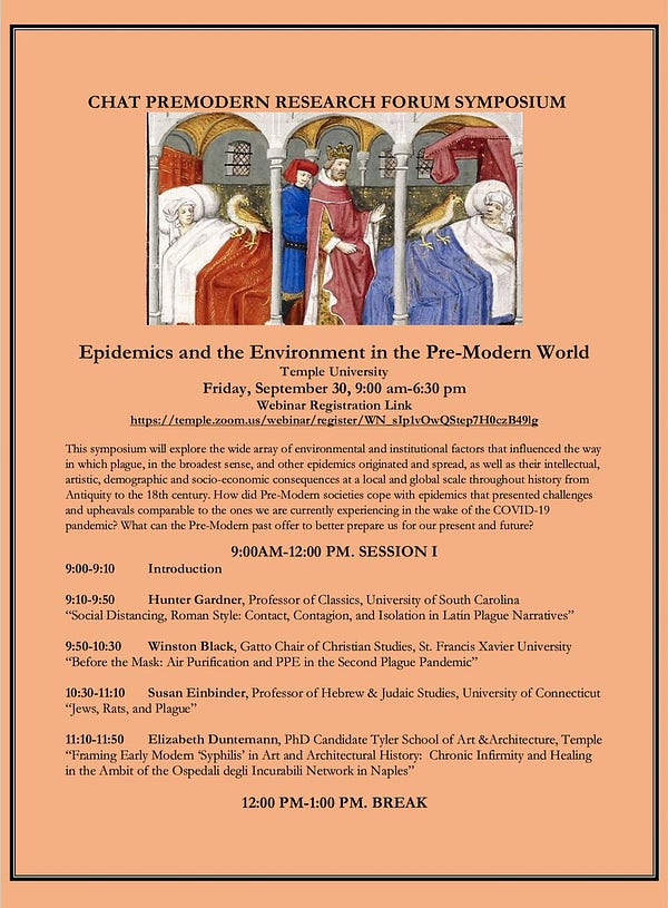 Page 1 of the program for "Epidemics and the Environment in the Pre-Modern World," a symposium to be held at Temple University, 30 September 2022.