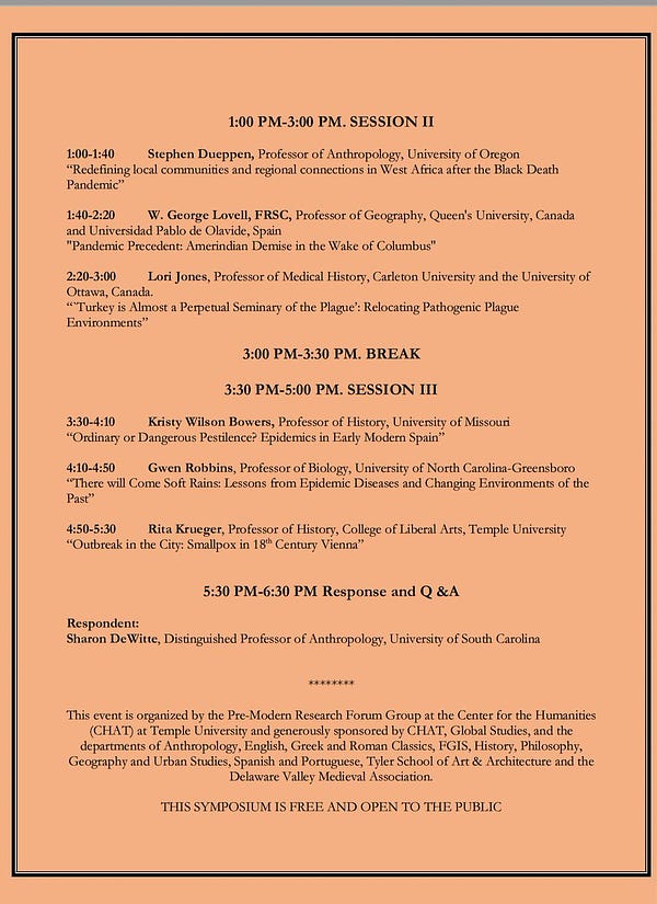 Page 2 of the program for "Epidemics and the Environment in the Pre-Modern World," a symposium to be held at Temple University, 30 September 2022.