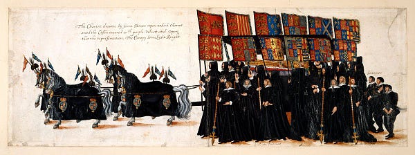 coloured engraving of funeral procession with bourse pulling the hearse surrounded by people holding banners
