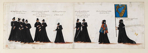 funeral procession showing people in black mourning dress and a figure carrying a banner of arms