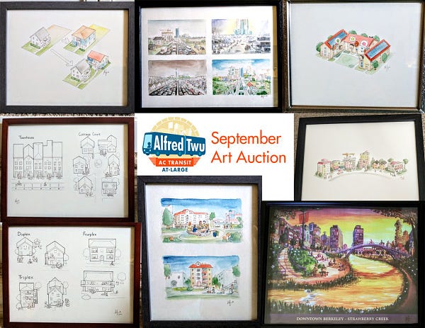 a grid of eight paintings and drawings of housing and Alfred Twu for AC Transit logo and September Art Auction text