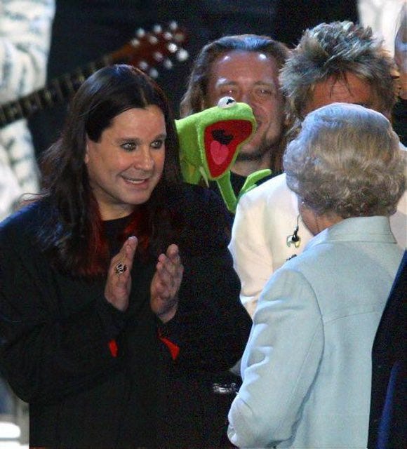 Ozzy Osbourne and Kermit the Frog greeting Queen Elizabeth II at the Golden Jubilee.