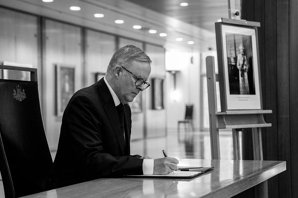 Prime Minister of Australia Anthony Albanese signs the condolence book for Her Majesty Queen Elizabeth II in Parliament House. 