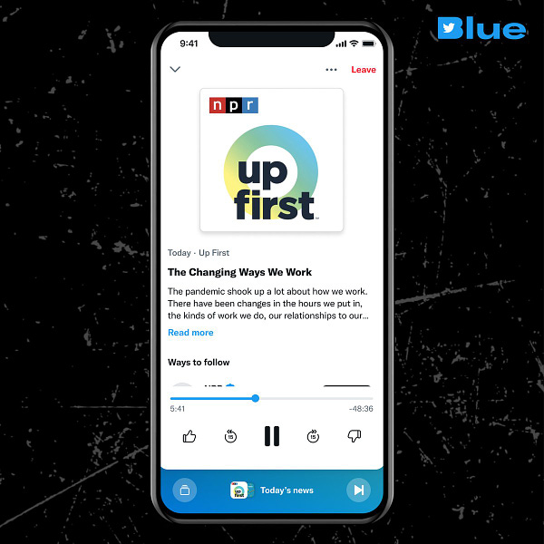 A mock-up of NPR's 'Up First' podcast playing via the redesigned Twitter Spaces Tab.