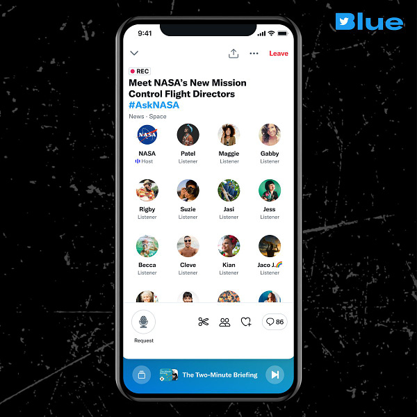 A mock-up of NASA's recent Space titled 'Meet NASA's New Mission Control Flight Directors #AskNASA' playing via the redesigned Twitter Spaces Tab.