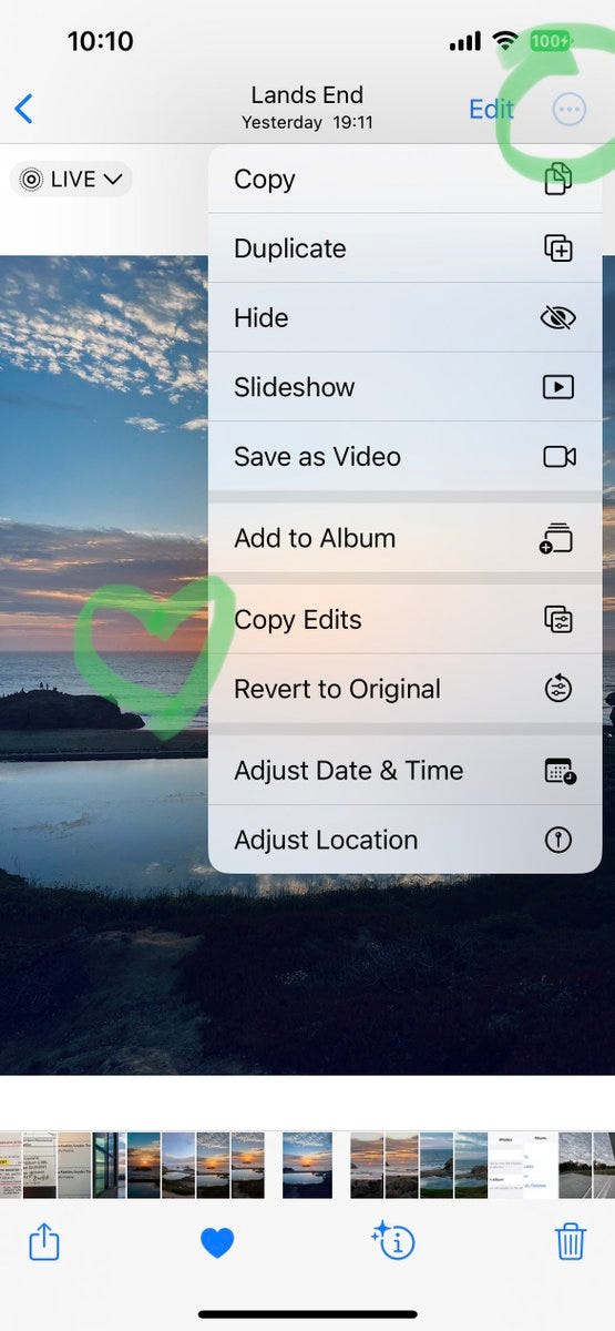 Photos more options menu, including Hide, Copy Edits, and Adjust Location options