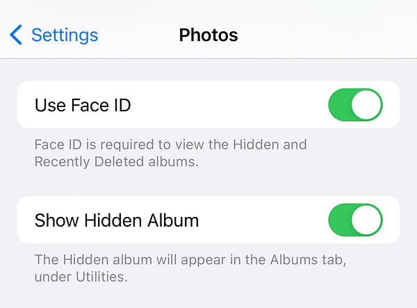 Photos settings for hidden album.