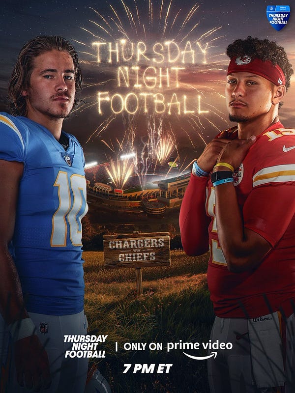 Graphic manipulation of Justin Herbert and Patrick Mahomes facing off in the Missouri hills looking down on Arrowhead Stadium, alluding to Thursday's Chargers vs. Chiefs matchup on Thursday Night Football, only on Prime Video