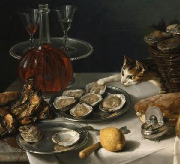 Oil painting of a richly laid table - fish, bread, wine, cheese, a lemon, and oysters on the halfshell arranged on a white tablecloth. A shorthaired white and brown tabby cat peeks out from behind a basket of unshucked oysters, delicately grabbing one oyster and dragging it from the silver platter.