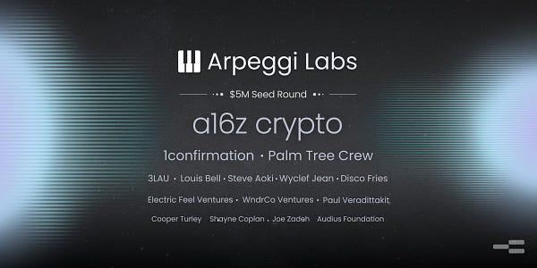 A gray-background graphic with two bright gradients on the side with the text in the middle: "Arpeggi Labs $5m Seed Round" followed by "a16z crypto" and other funds and angel investor names