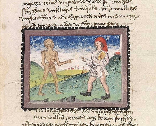 a medieval drawing of a man and a skeleton pointing at each other