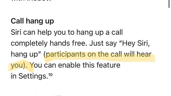 A screenshot of iOS 16 patchnotes that reads “Just say "Hey Siri, hang up" when on a call to hang up (participants on the call will hear you).”
