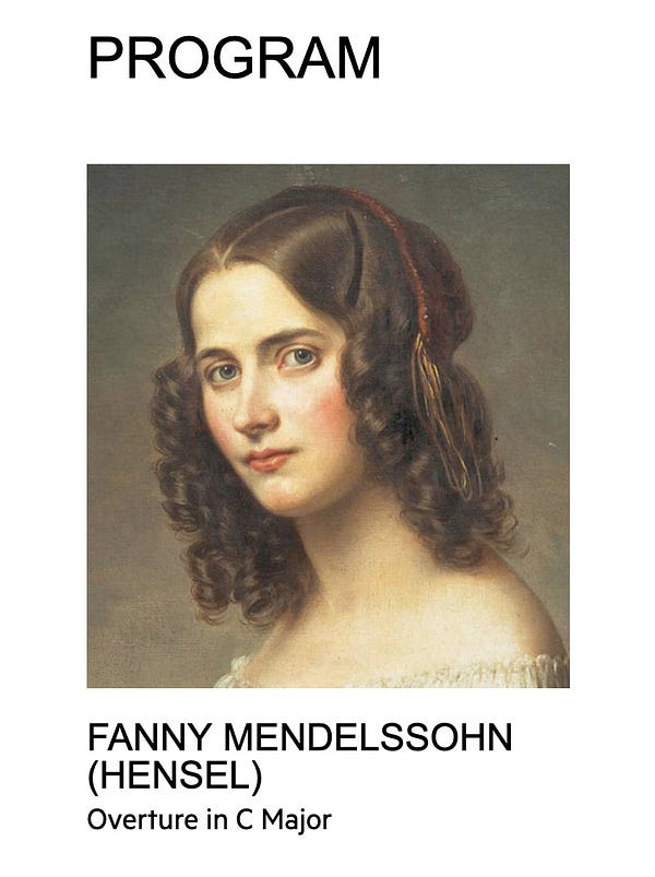 Portion of a screenshot from a concert page for the Los Angeles Chamber Orchestra; a column shows a portrait of a woman identified as Fanny Mendelssohn (Hensel), to promote a performance of her Overture in C Major. However, the portrait is not actually of Fanny Mendelssohn Hensel, and is in reality a portrait of Cécile Mendelssohn, Felix Mendelssohn's wife.
