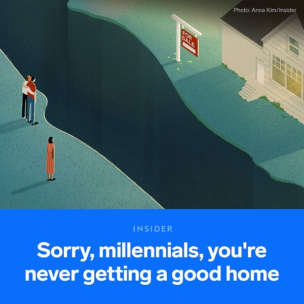 Picture of a drawn graphic separating millennials from a house that is on sale across them. The text on the graphic reads: "Sorry, millennials, you're never getting a good home."