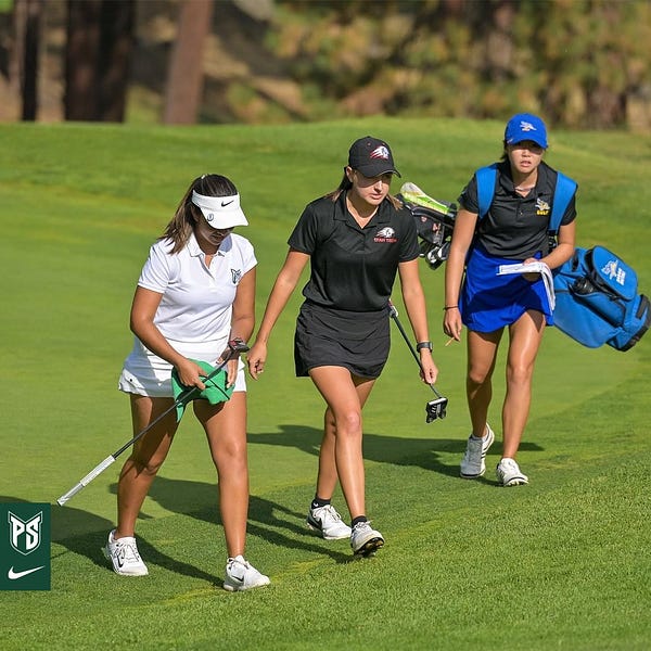 Mariana Garcia Rosette walks off the green with golfers from Utah Tech and CSUB at the Eagle Invitational.