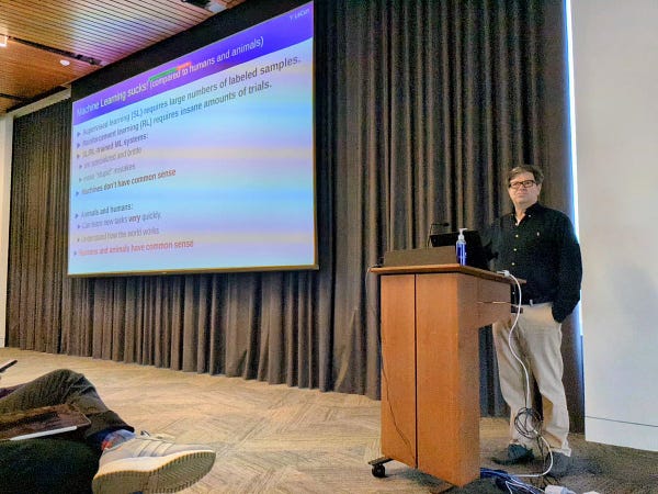 Yann LeCun lecturing at a podium. Slide title says "machine learning sucks"