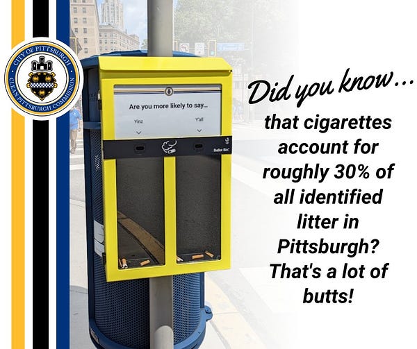 Picture of a cigarette ballot bin box with text that says "Did you know... that cigarettes account for roughly 30% of all identified litter in Pittsburgh? That's a lot of butts!