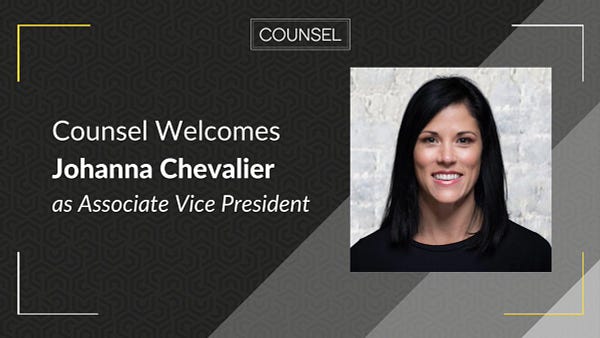 Black graphic. White text on the left reads "Counsel Welcomes Johana Chevalier as Associate Vice President." At the top is the Counsel logo and to the right is a photo of Johanna.