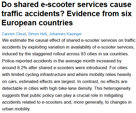 Do shared e-scooter services cause traffic accidents? Evidence from six European countries

by: Cannon Cloud, Simon Heß, Johannes Kasinger

We estimate the causal effect of shared e-scooter services on traffic accidents by exploiting variation in availability of e-scooter services, induced by the staggered rollout across 93 cities in six countries. Police-reported accidents in the average month increased by around 8.2% after shared e-scooters were introduced. For cities with limited cycling infrastructure and where mobility relies heavily on cars, estimated effects are largest. In contrast, no effects are detectable in cities with high bike-lane density. This heterogeneity suggests that public policy can play a crucial role in mitigating accidents related to e-scooters and, more generally, to changes in urban mobility. 