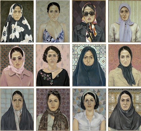 A series of twelve self portraits by an Iranian born artist in a series of boxes all head and shoulders facing forwards, the figure wears different attire in all, including a black hijab in one and various headscarves and no headware in others